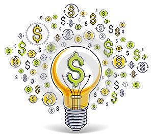 Shining light bulb and set of dollar icons, business idea creative concept, e-commerce allegory, internet business, marketplace or