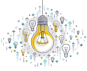 Shining light bulb and set of lightbulb icons, ideas creative concept, brainstorm allegor.