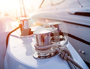 Shining metallic yacht deck details. Daylight background.