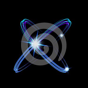 Shining neon lights atom model. Crossed circles light train effect.
