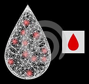 Shining Network Mesh Blood Drop Icon with Glare Spots and White Mesh