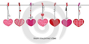 Shining pink red hearts. Happy Valentines Day card with hanging Love Valentines hearts background photo