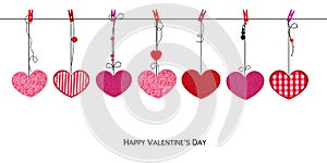 Shining pink red hearts. Happy Valentines Day card with hanging Love Valentines hearts background