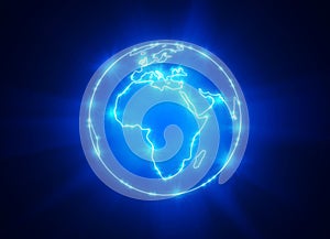 Shining planet Earth with the contours of the continents on a deep blue background. Earth globe with view of Africa