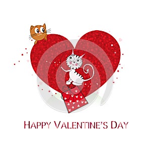 Shining red hearts with cute cats. Happy Valentine`s day greeting card