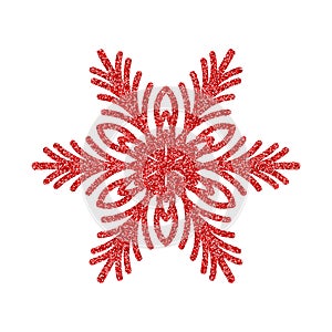 Shining red snowflakes and snow. Merry Christmas card illustration on white background. Sparkling element with glitter