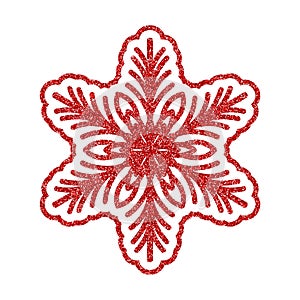 Shining red snowflakes and snow. Merry Christmas card illustration on white background. Sparkling element with glitter