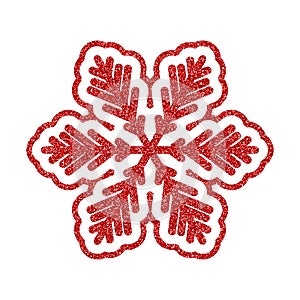 Shining red snowflakes and snow. Merry Christmas card illustration on white background. Sparkling element with glitter