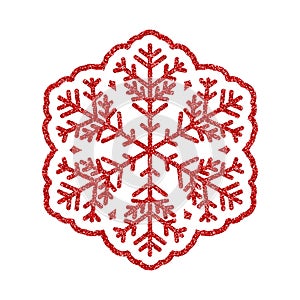 Shining red snowflakes and snow. Merry Christmas card illustration on white background. Sparkling element with glitter