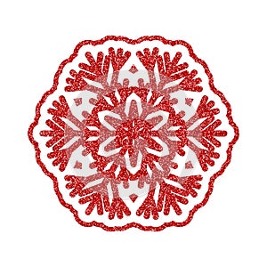 Shining red snowflakes and snow. Merry Christmas card illustration on white background. Sparkling element with glitter