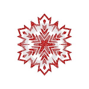 Shining red snowflakes and snow. Merry Christmas card illustration on white background. Sparkling element with glitter