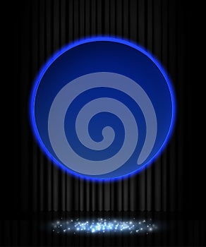 Shining retro blue round banner on black stage curtain