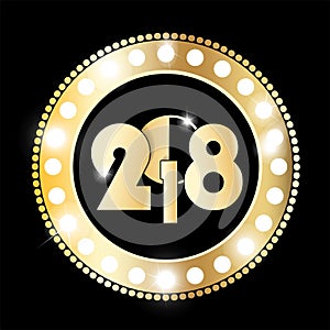 Shining retro gold and black circle vintage banner with lights on black background. New Year 2018 concept
