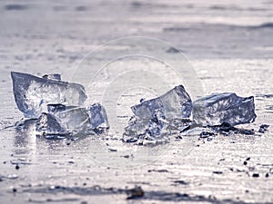 Shining shards of broken ice. Abstract still life of ice floes.