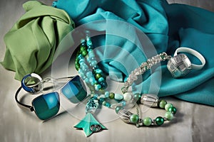 shining silver accessories with beachwear in blue and green shades