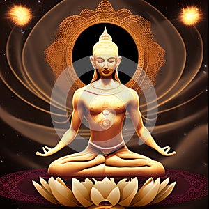Shining statue of a person meditating in lotus pose, spiritual exercise