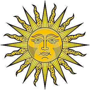 Shining sun face. Heraldic symol