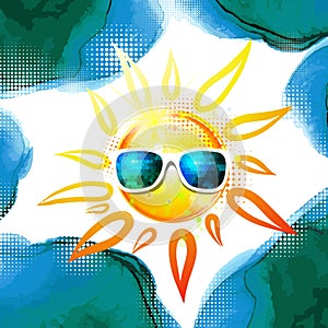 Shining sun and watercolor clouds. Sun in sunglasses. Hello summer. Vector illustration