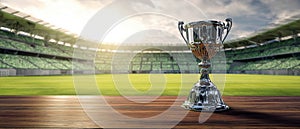 The shining trophy on a wooden surface in an empty stadium. AI generated image