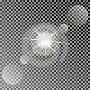 Shining vector sun with colorful light effects. Transparent vector sun light with bokeh isolated on dark background