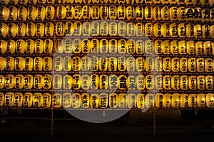 Shining votive lanterns during Soul Festival (Mitama Matsuri) in Yasukuni Shrine in Tokyo with Japanese calligraphy