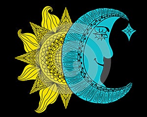 Shining yellow sun and blue moon cartoon illustration