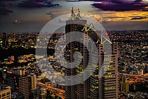 Shinjuku of city landscape and sunset visible from the observatory of the Tokyo Metropolitan Government Building