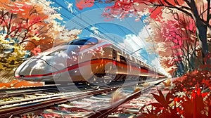 Shinkansen bullet train races through a vibrant Kyoto spring, blossoming cherry trees frame the journey.