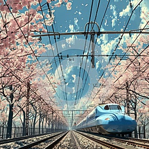 Shinkansen bullet train races through a vibrant Kyoto spring, blossoming cherry trees frame the journey.