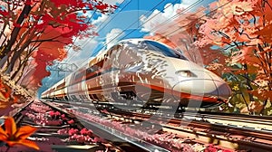 Shinkansen bullet train races through a vibrant Kyoto spring, blossoming cherry trees frame the journey.