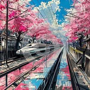 Shinkansen bullet train races through a vibrant Kyoto spring, blossoming cherry trees frame the journey.