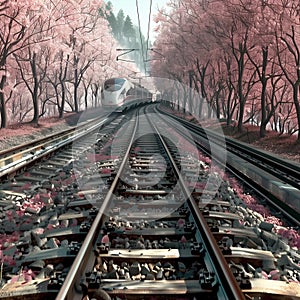 Shinkansen bullet train races through a vibrant Kyoto spring, blossoming cherry trees frame the journey.