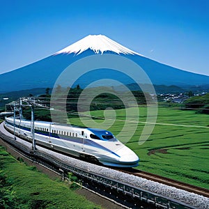 Shinkansen or Bullet train run pass through Mountain Fuji and Shibazakura at Shinkansen in Generetive