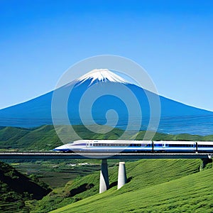 Shinkansen or Bullet train run pass through Mountain Fuji and Shibazakura at Shinkansen in Generetive