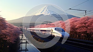 Shinkansen or Bullet train run pass through Mountain Fuji and Shibazakura at spring. Shinkansen in japan. Generetive Ai