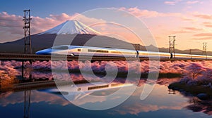 Shinkansen or Bullet train run pass through Mountain Fuji and Shibazakura at spring. Shinkansen in japan. Generetive Ai