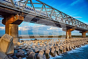 Shinkansen train on railway with Mt. Fuji at Shizuoka, Japan