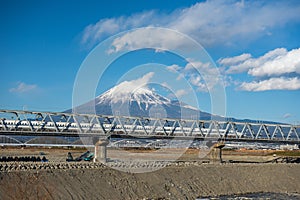 Shinkansen with view of mountain fuji