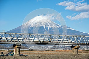 Shinkansen with view of mountain fuji