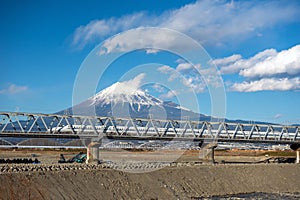 Shinkansen with view of mountain fuji