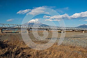 Shinkansen with view of mountain fuji