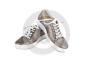 Shinny Brown Leather Sneakers With White Lace  3