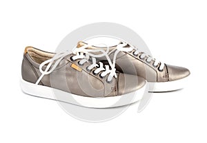 Shinny Brown Leather Sneakers With White Lace  1