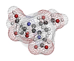 Shinorine sunscreen molecule. 3D rendering. Atoms are represented as spheres with conventional color coding: hydrogen (white),