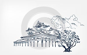 Shintoism temple nature landscape view landscape card vector sketch illustration japanese chinese oriental line art