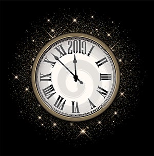 Shiny 2019 New Year background with clock. Greeting card.