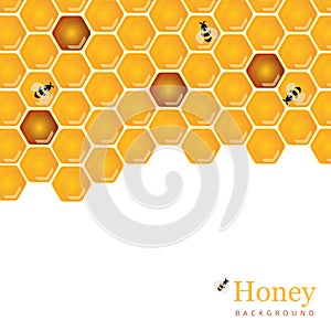 Shiny amber honey comb and bees background design. Vector natura