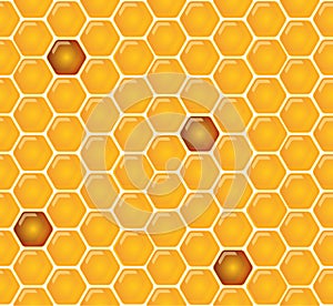 Shiny amber honey comb and bees seamless pattern design. Vector