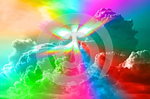 Shiny Angel rainbow Lights Color. Cloudy Sky Angelic Bright Wings. Colorful angel wing With Color light Shine. Spiritual Concept