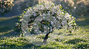 a shiny apple tree flourishing with ripe fruit.